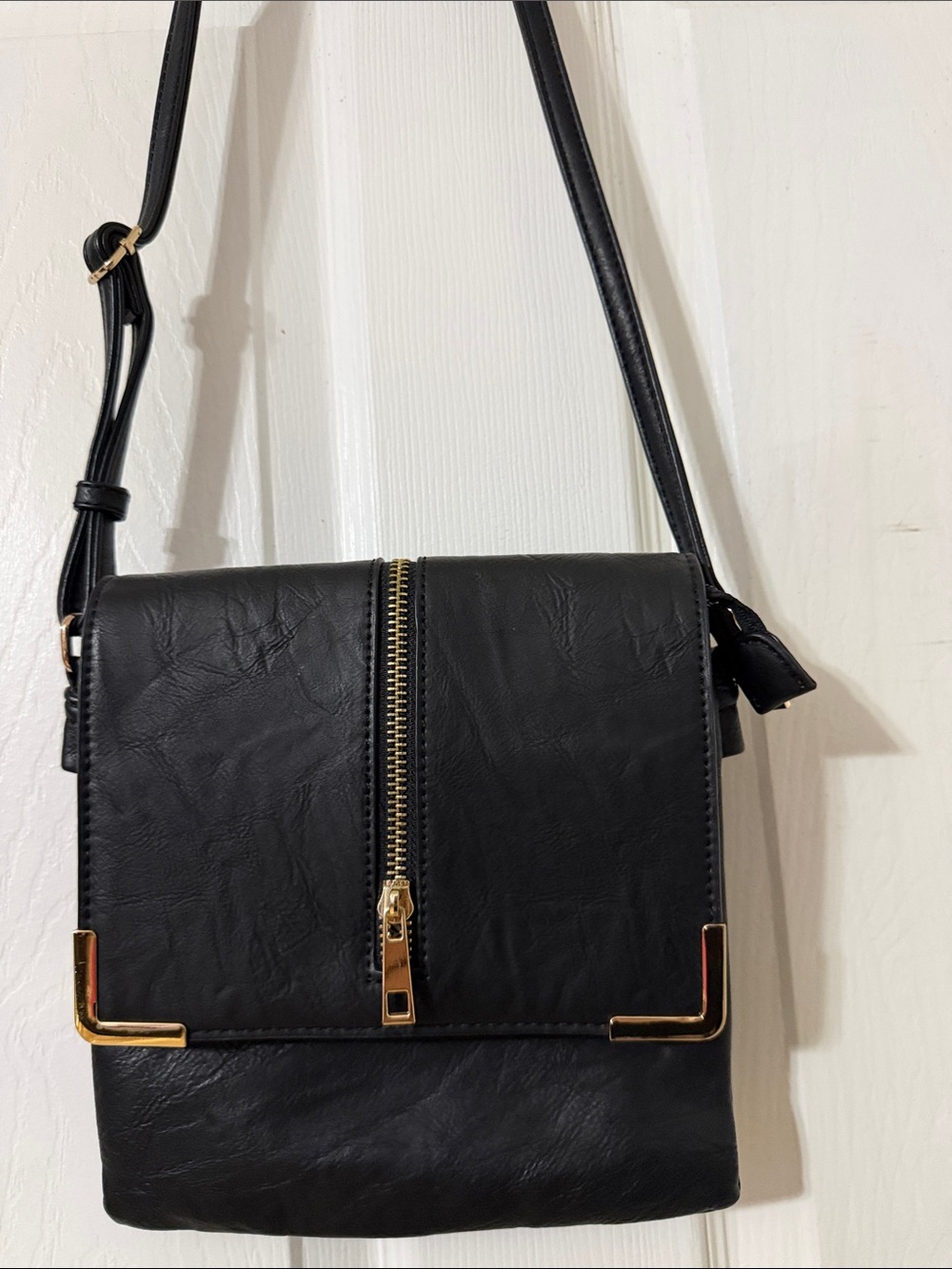 Black Crossbody Bag with Gold Accents - Women